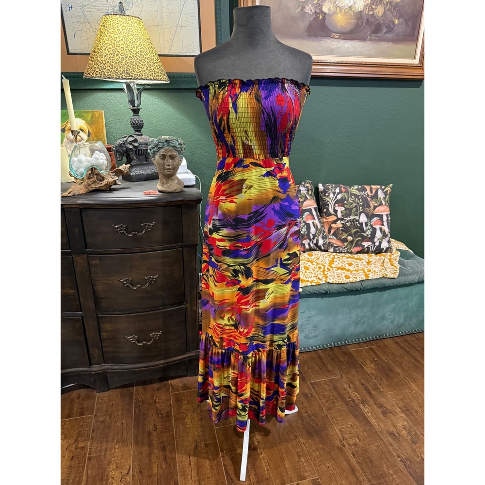 C Krave Womens Strapless Smocked Maxi Dress Abstract Print Multi Color Size XS